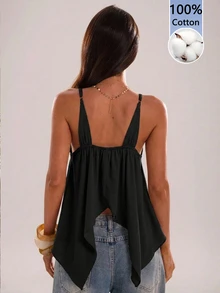 SHEIN BAE 95%棉黑色細肩帶背心，箔印花與不對稱下擺，休閒極簡日常百搭，約會穿搭，女款秋季服飾，秋季穿搭，通勤穿搭，百搭上衣，外出穿搭，機場穿搭 - 黑色 - 查看 2