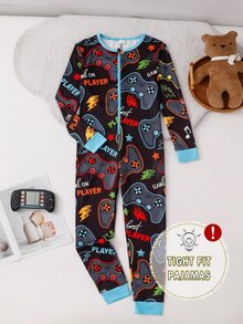 SHEIN 1pc Autumn/Winter Tween Boys Snug Fit Jumpsuit, Cute Cartoon Game Console Print, Soft Comfortable High Elastic Fabric, Blue Zipper Long Sleeve Long Pants Loungewear - Blue - View 7