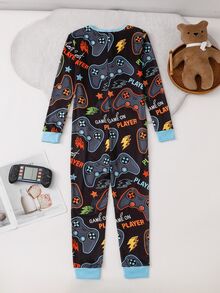 SHEIN 1pc Autumn/Winter Tween Boys Snug Fit Jumpsuit, Cute Cartoon Game Console Print, Soft Comfortable High Elastic Fabric, Blue Zipper Long Sleeve Long Pants Loungewear - Blue - View 2
