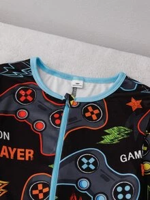 SHEIN 1pc Autumn/Winter Tween Boys Snug Fit Jumpsuit, Cute Cartoon Game Console Print, Soft Comfortable High Elastic Fabric, Blue Zipper Long Sleeve Long Pants Loungewear - Blue - View 6
