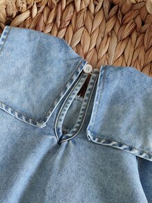 SHEIN 女嬰夏季時尚時髦大翻領水洗牛仔洋裝，適合外出、購物、派對及戶外活動，秋冬款 - 淺色水洗藍 - 查看 3