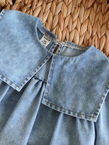 SHEIN 女嬰夏季時尚時髦大翻領水洗牛仔洋裝，適合外出、購物、派對及戶外活動，秋冬款 - 淺色水洗藍 - 查看 6