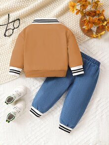 SHEIN Playful Pals 秋季男嬰時尚兩件套，翻領 Polo 衫搭配牛仔褲，生日、上學、家庭穿搭、洗禮，棕色與淺藍色，英挺風格 - 棕色 - 查看 3