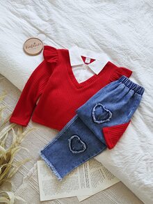SHEIN Vintaside Kids 女童復古嬰兒休閒領口長袖 2 合 1 T恤 心形刺繡牛仔褲 2 件套 秋季職業日返校紅色 - 玫紅色 - 查看 6