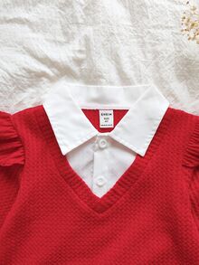 SHEIN Vintaside Kids 女童復古嬰兒休閒領口長袖 2 合 1 T恤 心形刺繡牛仔褲 2 件套 秋季職業日返校紅色 - 玫紅色 - 查看 4