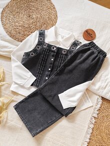 Tween Girl Autumn Outfit:Floral Print Collared Long Sleeve Shirt,Single-Breasted Denim Vest,Washed Denim Pants,Casual,School,Back-To-School,Dark Green - Black - View 4