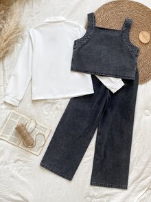 Tween Girl Autumn Outfit:Floral Print Collared Long Sleeve Shirt,Single-Breasted Denim Vest,Washed Denim Pants,Casual,School,Back-To-School,Dark Green - Black - View 3