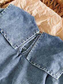 SHEIN Vintaside Kids 女嬰時尚翻領刺繡長袖水洗牛仔洋裝，適合夏季與秋冬 - 淺藍色 - 查看 7