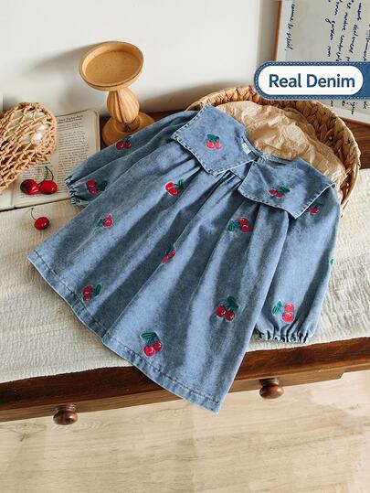 SHEIN Vintaside Kids 女嬰時尚翻領刺繡長袖水洗牛仔洋裝，適合夏季與秋冬