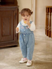 Vintaside Kids 女婴荷叶边下摆长袖休闲上衣搭配无袖花卉刺绣水洗牛仔连体裤，露营和居家穿着舒适，适合秋季 - 彩色 - 查看 6