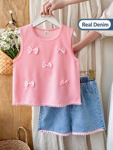 Vintaside Kids Conjunto de Regata Casual Simples de Verão com Decote Redondo e Shorts Denim Lavados Versáteis e Casuais para Meninas, Adequado para Viagens, Férias ou Lazer Diário para Participar de Reuniões Familiares - Rosa chiclete - Visão 2