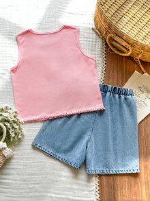 Vintaside Kids Conjunto de Regata Casual Simples de Verão com Decote Redondo e Shorts Denim Lavados Versáteis e Casuais para Meninas, Adequado para Viagens, Férias ou Lazer Diário para Participar de Reuniões Familiares - Rosa chiclete - Visão 3