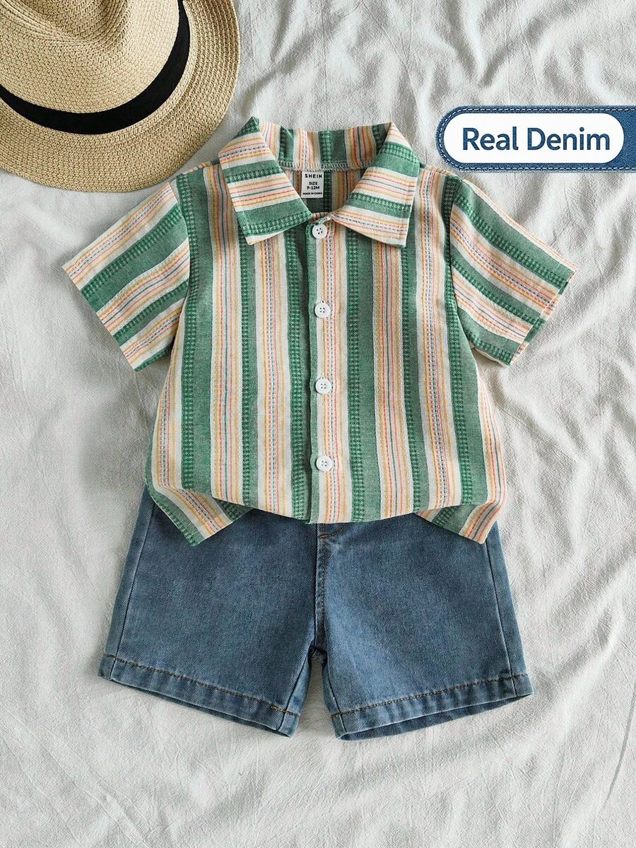 SHEIN Vintaside Kids 男婴春夏休闲装：条纹短袖 Polo 衫和时尚水洗牛仔短裤套装，适合居家、度假、与朋友聚会