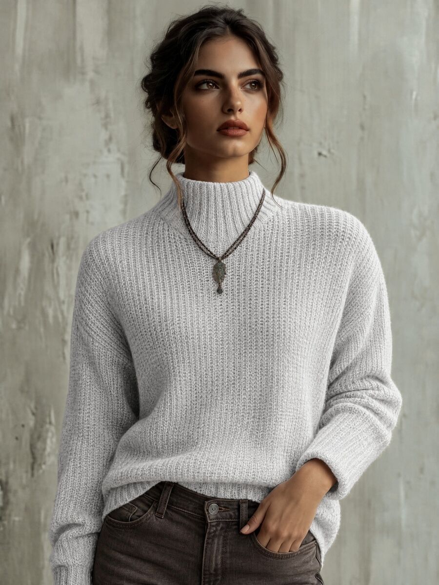 Calvaya Marled High Neck Drop Shoulder Sweater,Long Sleeve Tops Knit Pullover Fall Winter Sweater - Light Grey - View 1