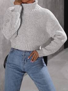 Calvaya Marled High Neck Drop Shoulder Sweater,Long Sleeve Tops Knit Pullover Fall Winter Sweater - Light Grey - View 2