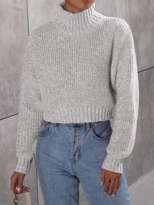 Calvaya Marled High Neck Drop Shoulder Sweater,Long Sleeve Tops Knit Pullover Fall Winter Sweater - Light Grey - View 7