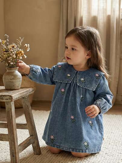SHEIN Vintaside Kids Baby Girl Denim Dress,Blue Floral Embroidery Design With Large Collar,Cute Modest Outfit For Autumn Picnic,Shopping,Parties And Casual Summer Wear