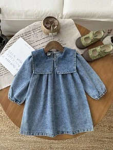 SHEIN 女婴夏季时尚别致超大领水洗灯笼袖宽松牛仔连衣裙，适合外出、购物、聚会、休闲家居和户外活动 - 淺藍色 - 查看 5