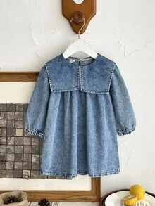 SHEIN 女婴夏季时尚别致超大领水洗灯笼袖宽松牛仔连衣裙，适合外出、购物、聚会、休闲家居和户外活动 - 淺藍色 - 查看 4