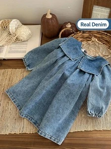 SHEIN 女婴夏季时尚别致超大领水洗灯笼袖宽松牛仔连衣裙，适合外出、购物、聚会、休闲家居和户外活动 - 淺藍色 - 查看 2