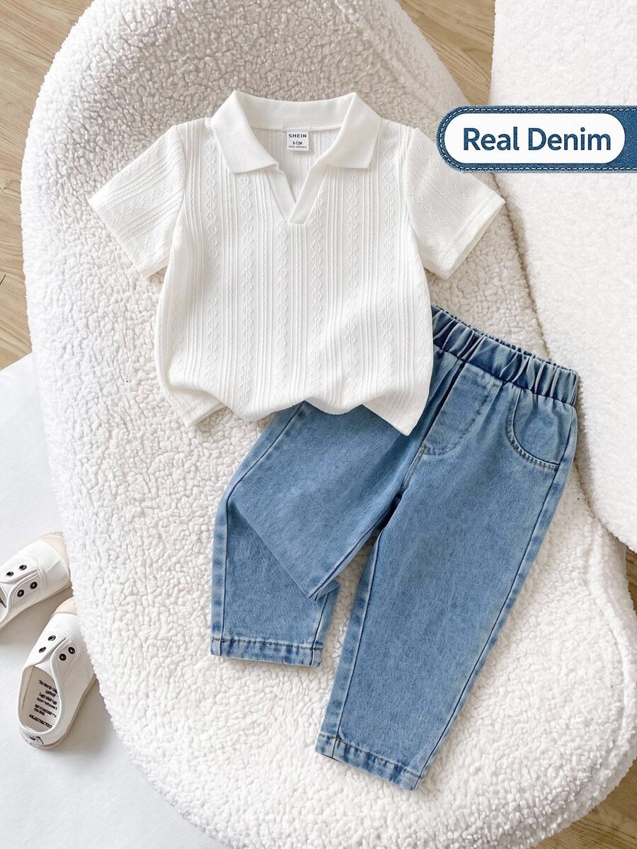 SHEIN Vintaside Kids 男嬰藍白條紋夏季休閒端莊海灘度假家庭套裝,短袖翻領上衣搭配時尚水洗牛仔褲 - 白色 - 查看 1