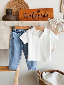 SHEIN Vintaside Kids 男嬰藍白條紋夏季休閒端莊海灘度假家庭套裝，短袖翻領上衣搭配時尚水洗牛仔褲 - 白色 - 查看 9
