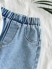 SHEIN Vintaside Kids 男嬰藍白條紋夏季休閒端莊海灘度假家庭套裝，短袖翻領上衣搭配時尚水洗牛仔褲 - 白色 - 查看 5