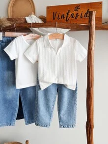 SHEIN Vintaside Kids 男嬰藍白條紋夏季休閒端莊海灘度假家庭套裝，短袖翻領上衣搭配時尚水洗牛仔褲 - 白色 - 查看 8