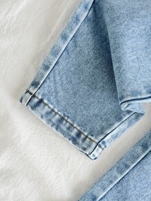SHEIN Vintaside Kids 男嬰藍白條紋夏季休閒端莊海灘度假家庭套裝，短袖翻領上衣搭配時尚水洗牛仔褲 - 白色 - 查看 7
