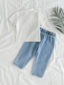 SHEIN Vintaside Kids 男嬰藍白條紋夏季休閒端莊海灘度假家庭套裝，短袖翻領上衣搭配時尚水洗牛仔褲 - 白色 - 查看 2