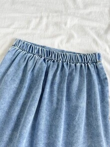 SHEIN Vintaside Kids 青少年女孩時尚蝴蝶結水洗牛仔裙，時尚優雅設計，適合夏季，實用且適合戶外休閒穿著 - 藍色 - 查看 6