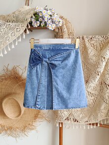 SHEIN Vintaside Kids 青少年女孩時尚蝴蝶結水洗牛仔裙，時尚優雅設計，適合夏季，實用且適合戶外休閒穿著 - 藍色 - 查看 3