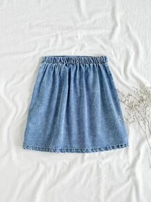 SHEIN Vintaside Kids 青少年女孩時尚蝴蝶結水洗牛仔裙，時尚優雅設計，適合夏季，實用且適合戶外休閒穿著 - 藍色 - 查看 2