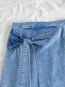 SHEIN Vintaside Kids 青少年女孩時尚蝴蝶結水洗牛仔裙，時尚優雅設計，適合夏季，實用且適合戶外休閒穿著 - 藍色 - 查看 7