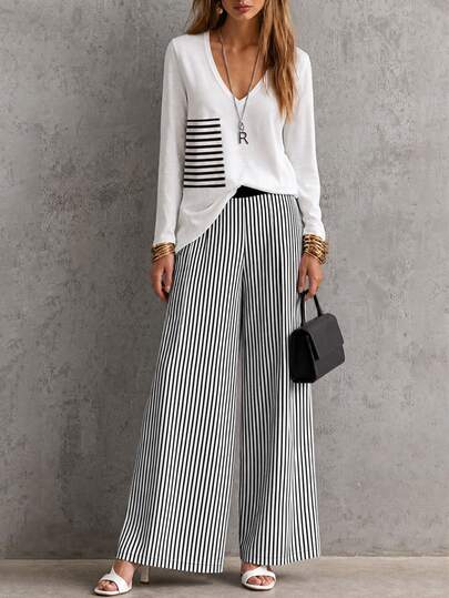 NostaNoir Women's Workwear Brunch Set Black And White Striped V-Neck Long-Sleeve Top And Black-And- Vertical Striped Wide-Leg Trousers Daily Wear Fall Casual