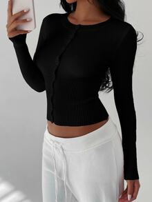 FavEase Women's Casual Everyday Night Out Commute Simple Solid Color Fitted Button-Up Cardigan, Autumn Black - Black - View 3