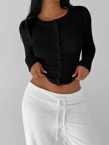 FavEase Women's Casual Everyday Night Out Commute Simple Solid Color Fitted Button-Up Cardigan, Autumn Black - Black - View 5
