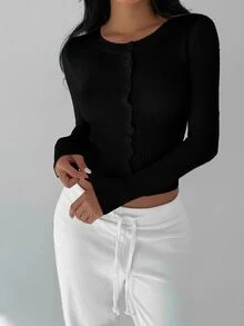 FavEase Women's Casual Everyday Night Out Commute Simple Solid Color Fitted Button-Up Cardigan, Autumn Black - Black - View 4