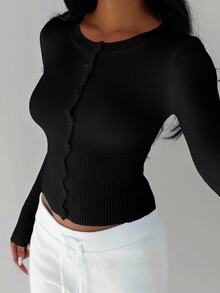 FavEase Women's Casual Everyday Night Out Commute Simple Solid Color Fitted Button-Up Cardigan, Autumn Black - Black - View 6
