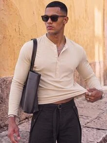 HIMLAND Men Vacation Solid Apricot Henley Neck Long Sleeve Knit Top Slim Fit Ribbed Textured Button Half Placket Lightweight Breathable Casual Tee - Apricot - View 7