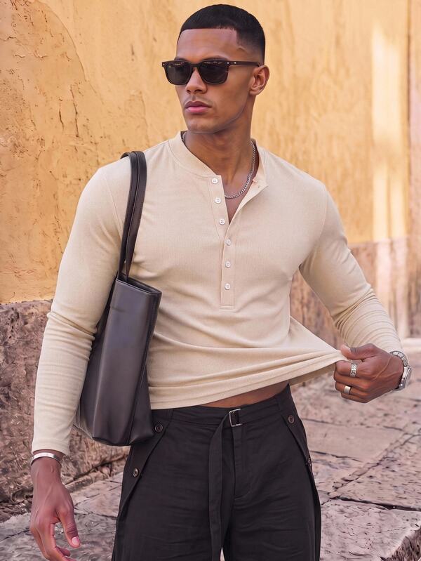 HIMLAND Men Vacation Solid Apricot Henley Neck Long Sleeve Knit Top Slim Fit Ribbed Textured Button Half Placket Lightweight Breathable Casual Tee