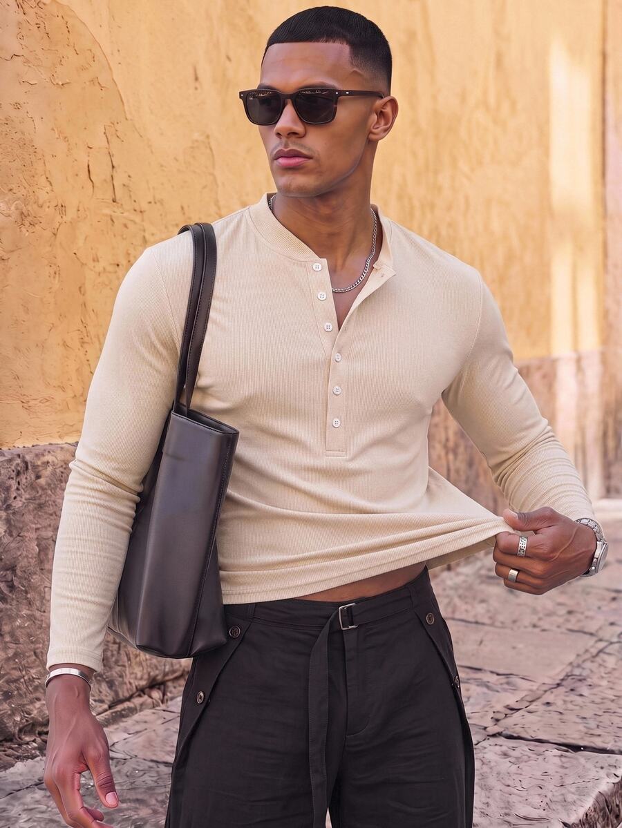 Ocevento Men Vacation Solid Apricot Henley Neck Long Sleeve Knit Top Slim Fit Ribbed Textured Button Half Placket Lightweight Breathable Casual Tee - Apricot - View 1