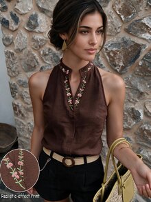 Elouméa 女款花卉刺繡立領無袖襯衫，刺繡上衣，女款夏季穿搭，優雅襯衫，通勤上班穿搭 - 棕色 - 查看 1