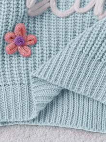 SHEIN 1件女嬰粉色圓領毛衣，飾有「Baby」刺繡字母與3D花朵裝飾，可愛清新極簡風，適中厚度，整齊下擺，緊口袖口，細緻紋理，手感滑順，適合日常穿著、外出與戶外玩耍，適用春秋季 - 淺藍色 - 查看 4