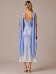 Zerodot Women Ombre Light Blue Sequins Scarf Detail Midi Elegant Romantic Dress Party Party Night Dinner Going Out Fall Pre Fall - Baby Blue - View 2