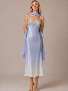 Zerodot Women Ombre Light Blue Sequins Scarf Detail Midi Elegant Romantic Dress Party Party Night Dinner Going Out Fall Pre Fall - Baby Blue - View 1