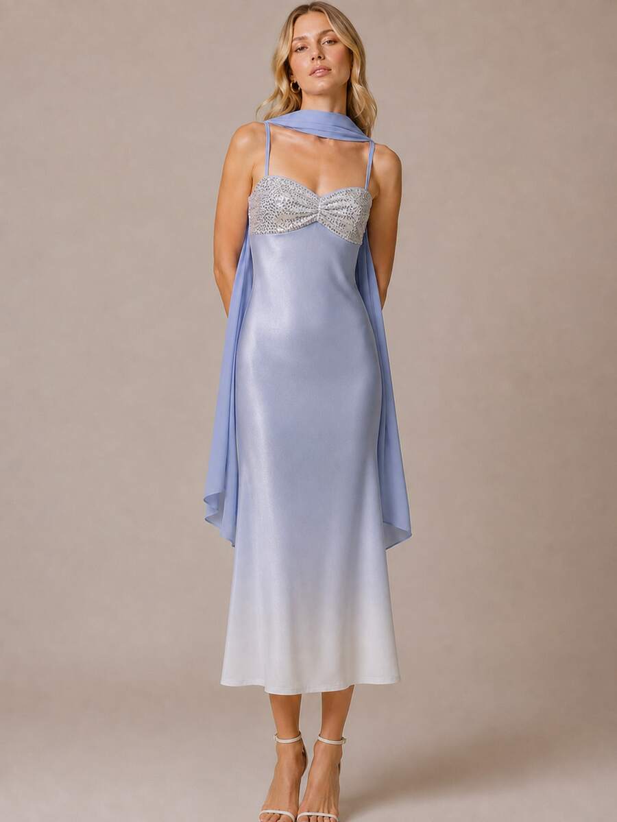 Zerodot Women Ombre Light Blue Sequins Scarf Detail Midi Elegant Romantic Dress Party Party Night Dinner Going Out Fall Pre Fall - Baby Blue - View 1