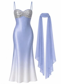Zerodot Women Ombre Light Blue Sequins Scarf Detail Midi Elegant Romantic Dress Party Party Night Dinner Going Out Fall Pre Fall - Baby Blue - View 5