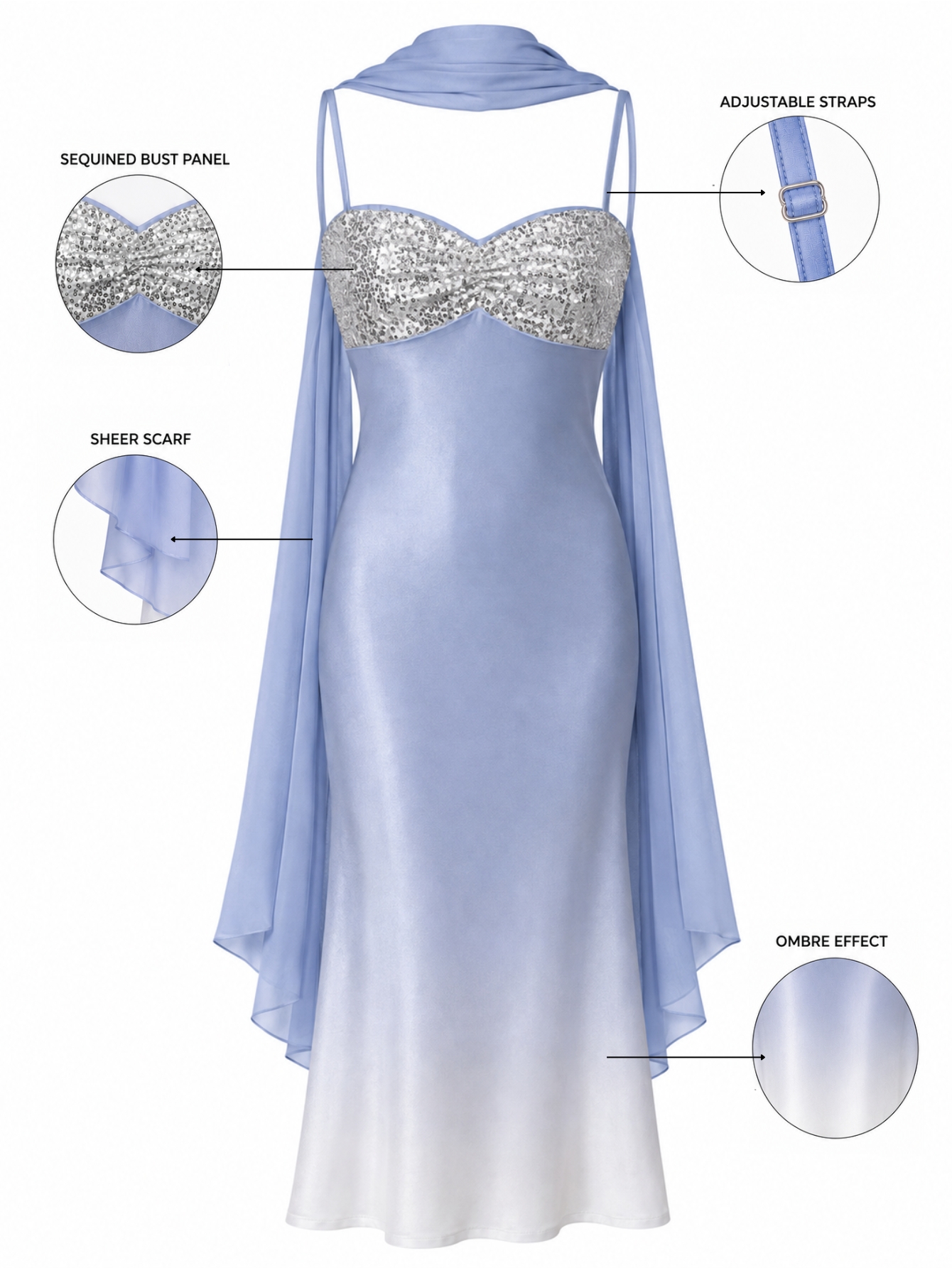 Ombre Blue Silver Sequins Scarf Detail Midi Dress, view 7