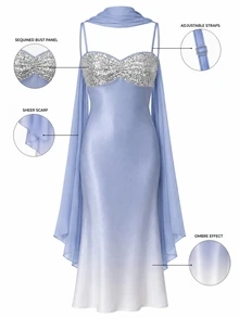 Zerodot Women Ombre Light Blue Sequins Scarf Detail Midi Elegant Romantic Dress Party Party Night Dinner Going Out Fall Pre Fall - Baby Blue - View 7